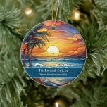 Ornamento De Cerâmica Turks e Caicos Beach Vacation<br><div class="desc">Cena de praia de vidro corada,  Turks personalizáveis e Caicos Beach Trip souvenir. Excelente para as férias de Natal e família ou momento de lua de mel. Personalização: Alterar Legenda e ano para torná-la exclusiva.</div>