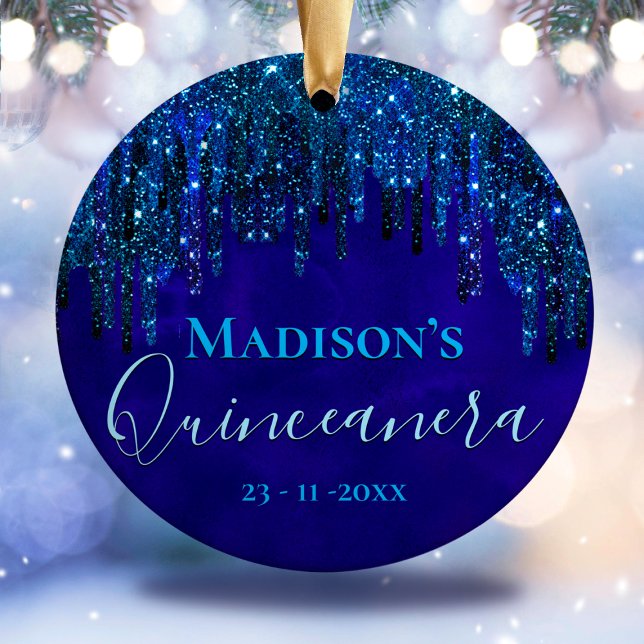 Ornamento De Cerâmica Turquesa azul-branca Unicórnio Glitter Quinceanera (Criador carregado)