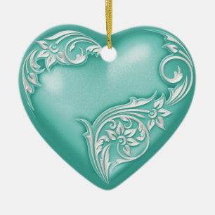 Ornamento De Cerâmica Turquesa de Deslocamento do Coração com Branco