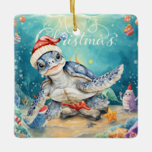 Ornamento De Cerâmica Turtle Papai Noel Chapéu Sob o Mar Festa de Natal 