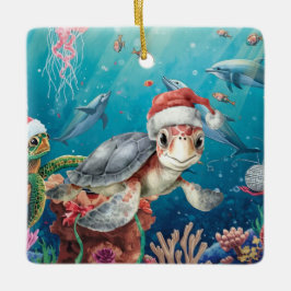 Ornamento De Cerâmica Turtle Santa Hat Under the Sea Christmas Party