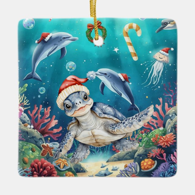 Ornamento De Cerâmica Turtle Santa Hat Under the Sea Christmas Party  (Frente)
