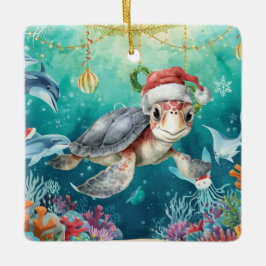 Ornamento De Cerâmica Turtle Santa Hat Under the Sea Christmas Party