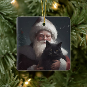 Ornamento De Cerâmica Tuxedo Cat Com Papai Noel Natal Festivo