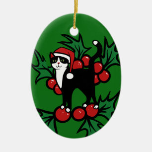 Ornamento De Cerâmica Tuxedo Cat Natal