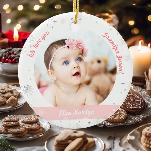 Ornamento De Cerâmica TwGirl Boy Fotografias Avô Primeiro Natal Bebê (Modern Elegant First Christmas Baby Twins Girl Boy We love you Grandpa 2 Photos Snowflakes Stars)