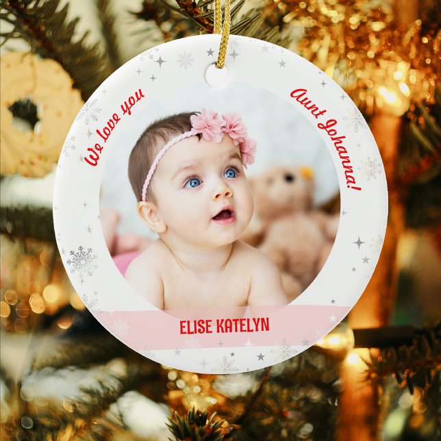 Ornamento De Cerâmica TwGirl Boy Fotografias Tia Primeiro Natal Bebê (Modern Cute Elegant We love you, Aunt! First Christmas Twin Baby Girl and Boy. 2 Photos. Snowflakes)