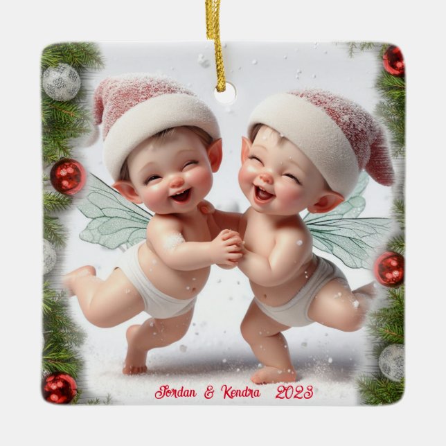 Ornamento De Cerâmica Twin Baby Christmas Fairies (Frente)
