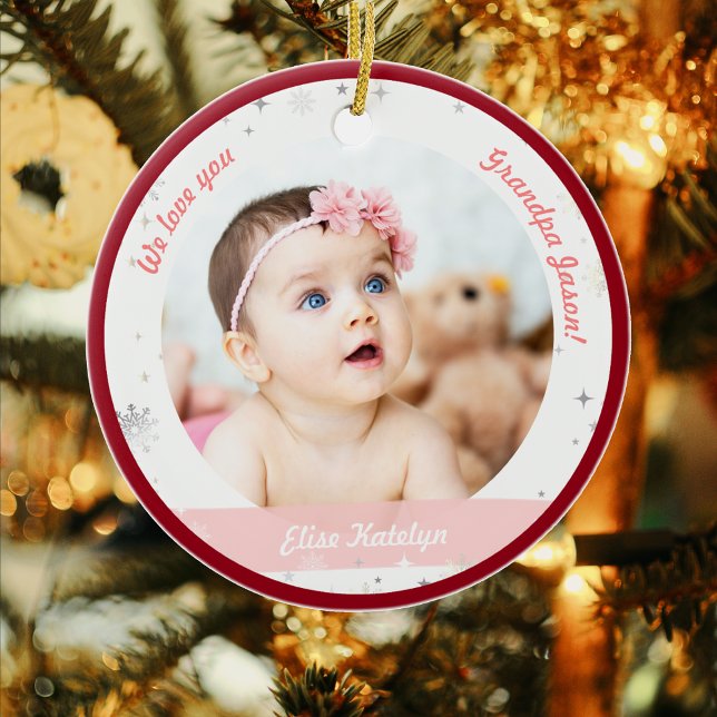 Ornamento De Cerâmica Twin Girls Foto Vovô Cute Primeiro Bebê de Natal (Modern Elegant First Christmas Baby Twins Girls We love you Grandpa Grandfather 2 Photos Snowflakes)