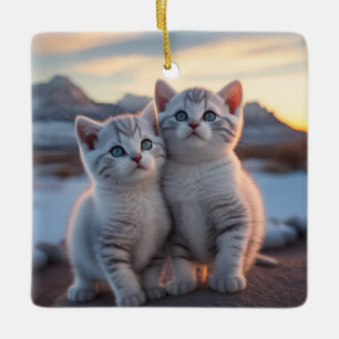 Ornamento De Cerâmica Twin Snowy Mountain Kittens de inverno