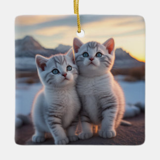 Ornamento De Cerâmica Twin Snowy Mountain Kittens de inverno