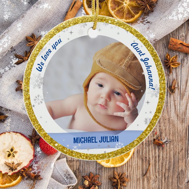 Ornamento De Cerâmica Twinboy Rapariga Fotos Tia Primeiro Natal Bebê (Modern, Elegant, Cute We love you, Aunt First Christmas Twin Babies Boy Girl Snowflakes Stars Golden)