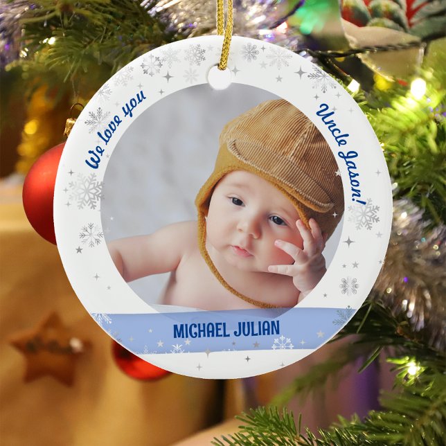 Ornamento De Cerâmica Twinboy Rapariga Fotos Tio Primeiro Natal Bebê (Modern Elegant Cute We love you Uncle Our First Christmas Twins Baby Boy Girl Snowflakes Stars)