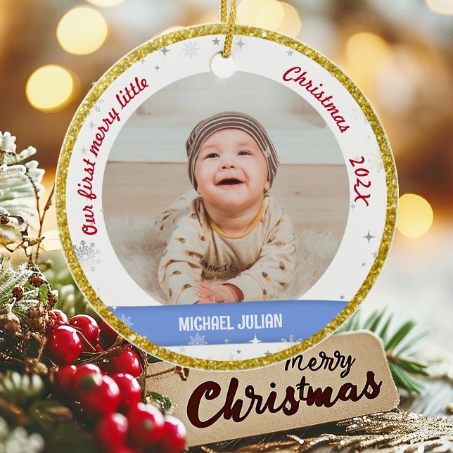 Ornamento De Cerâmica Twins Boy Girl 2 Fotos 1 rua Feliz Natal pequeno (Elegant Modern Cute Our first merry little Christmas Twins Baby Boy Girl 2 Photos Snowflakes Golden)