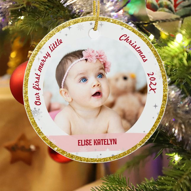 Ornamento De Cerâmica Twins Garota 2 Fotos 1 rua Feliz Natal Pequeno (Elegant Modern Cute Our first merry little Christmas Twins Baby Girl Boy 2 Photos Snowflakes Golden)