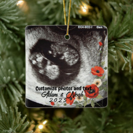 Ornamento De Cerâmica Two Photo Custom Text Red Poppies Free Palestine