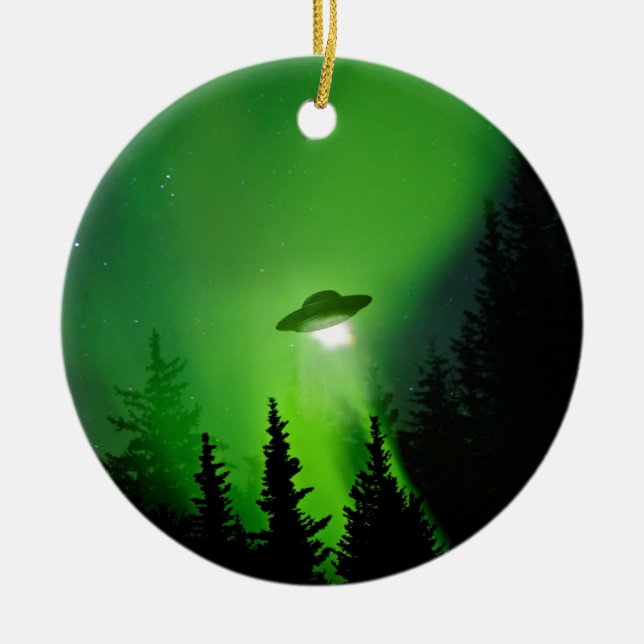 Ornamento De Cerâmica UFO com aurora boreal (Frente)