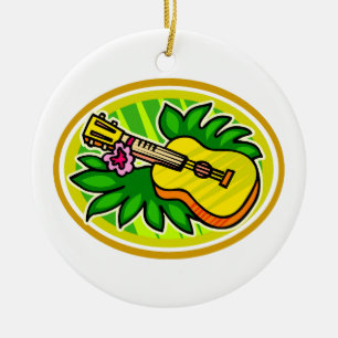 Ornamento De Cerâmica Ukulele com folhas e círculo da flor, amarelo