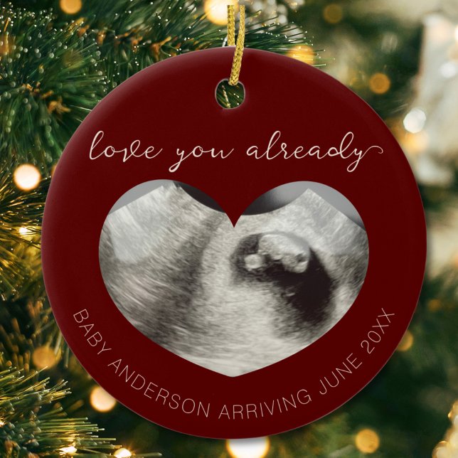 Ornamento De Cerâmica Ultrasom Gravidez Anúncio Keepsaac Coração ("love you already" ultrasound sonogram heart shape pregnancy reveal announcement christmas ornament)
