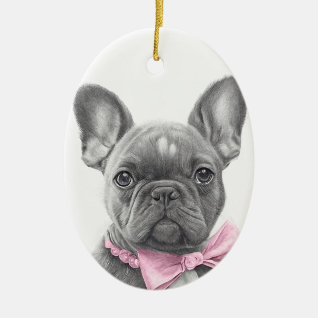 Ornamento De Cerâmica Um cachorrinho francês adorável com um arco rosa (Frente)