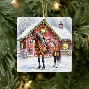 Ornamento De Cerâmica Um Cavalo Castanho Festivo e um Natal para o Barco
