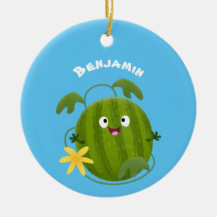Ornamento De Cerâmica Um desenho animado de melancia feliz sorrindo