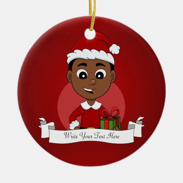 Ornamento De Cerâmica Um desenho animado de um menino de Natal afro-amer (Frente)