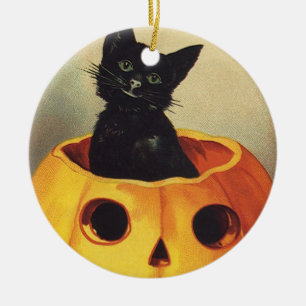 Ornamento De Cerâmica Um Feliz Halloween por Ellen Clapsaddle, Gato Anti