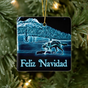 Ornamento De Cerâmica Um Lobo na Neve - Feliz Navidad