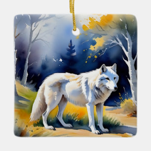 Ornamento De Cerâmica Um lobo numa pintura de aquarela florestal