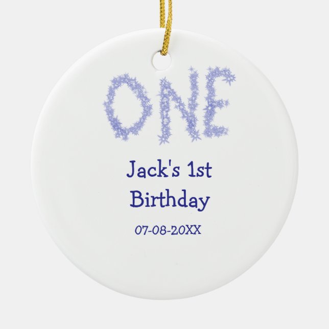 Ornamento De Cerâmica Um primeiro aniversario moderno de menino brilhant (Frente)