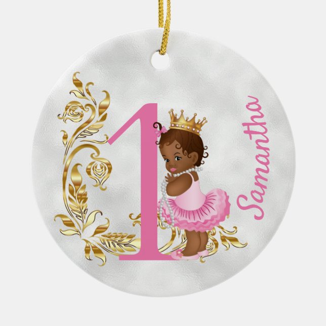 Ornamento De Cerâmica Um Primeiro Aniversário Personalizado Afro-America (Frente)