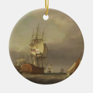 Ornamento De Cerâmica Um Seascape com Homem--Guerra e artesanato pequeno