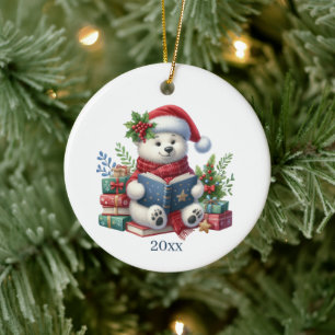 Ornamento De Cerâmica Um urso polar bonito adiciona data e mensagem Nata