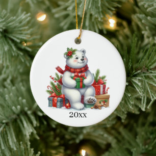 Ornamento De Cerâmica Um urso polar bonito adiciona data e mensagem Nata