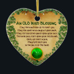 Ornamento De Cerâmica Um velho pergaminho irlandês de bênção,Coração<br><div class="desc">Elegante, única joia celta de ouro com uma pedra esmeralda e uma pedra de xamrock com uma antiga dentro de oração irlandesa para o Santo do Dia do Paddy (, Rua. Patty ). Antigos efeitos de pergaminho clássico marrom e modelagem design, 3D muito precisa e renderização por parte de Búlgaro...</div>