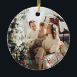 Ornamento De Cerâmica Uma Foto Moderna Feliz e Brilhante, Colorida Simpl<br><div class="desc">Texto e foto personalizáveis,  design simples moderno de uma foto com tipografia colorida "Feliz e brilhante" em cores rosa,  verde e vermelha.</div>