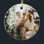 Ornamento De Cerâmica Uma Foto Moderna Feliz e Brilhante, Colorida Simpl<br><div class="desc">Texto e foto personalizáveis,  design simples moderno de uma foto com tipografia colorida "Feliz e brilhante" em cores rosa,  verde e vermelha.</div>