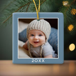 Ornamento De Cerâmica Uma foto quadrada - Ano - mínimo azul denim claro<br><div class="desc">Adicione uma foto a esta decoração de feriado - perfeita para as crianças. Uma foto simples e moderna para fazer um ornamento memorável para sua árvore. Uma fonte moderna mínima para o ano com um lugar para carregar uma foto quadrada.</div>