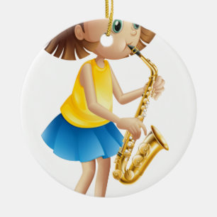 Ornamento De Cerâmica Uma jovem senhora que joga com o saxofone