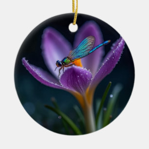 Ornamento De Cerâmica Uma libélula numa flor de açafrão
