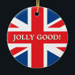 Ornamento De Cerâmica União Britânica Jack<br><div class="desc">Enfeites de natal com a bandeira britânica e texto "Bom dia"</div>