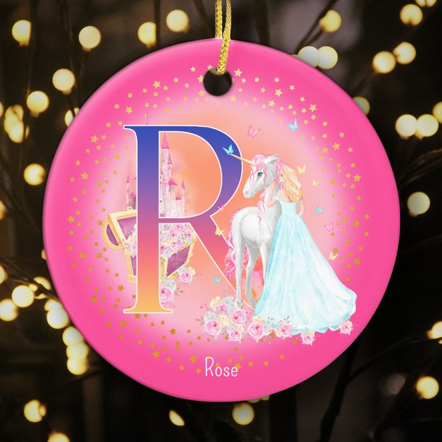 Ornamento De Cerâmica Unicorn e Princesa - Letra R Monograma - Natal (This pretty pink monogrammed Christmas ornament is perfect for your little princess!)