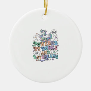 Ornamento De Cerâmica Unicórnio Alimentado por Livros e Devaneios Kawaii