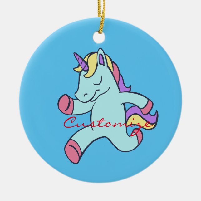 Ornamento De Cerâmica Unicórnio Azul Executando Thunder_Cove (Frente)