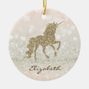 Ornamento De Cerâmica Unicórnio Bokeh Elegante com Brilho Dourado