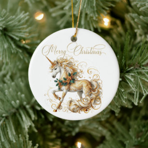 Ornamento De Cerâmica Unicórnio de Natal Branco e Dourado Elegante