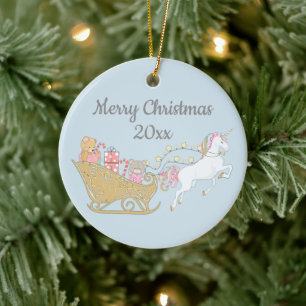 Ornamento De Cerâmica Unicórnio de Natal Pastel Trenó do Papai Noel Azul