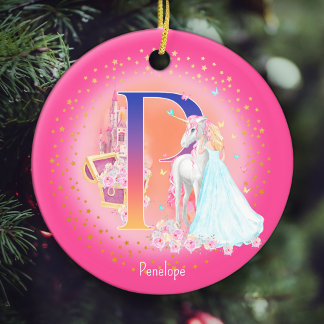 Ornamento De Cerâmica Unicórnio e Princesa - Letra P Monograma Natal