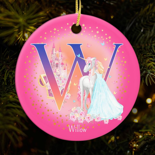 Ornamento De Cerâmica Unicórnio e Princesa - Letra W Monograma - Natal (This pretty pink monogrammed Christmas ornament is perfect for your little princess!)
